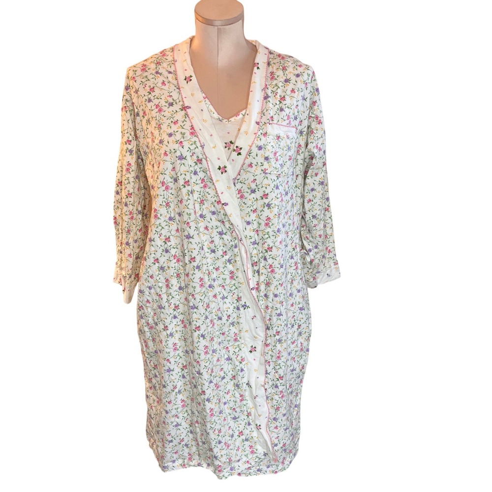 Carole Hochman Womens 100% Cotton Floral Robe and Nightgown 2pc Set White Medium